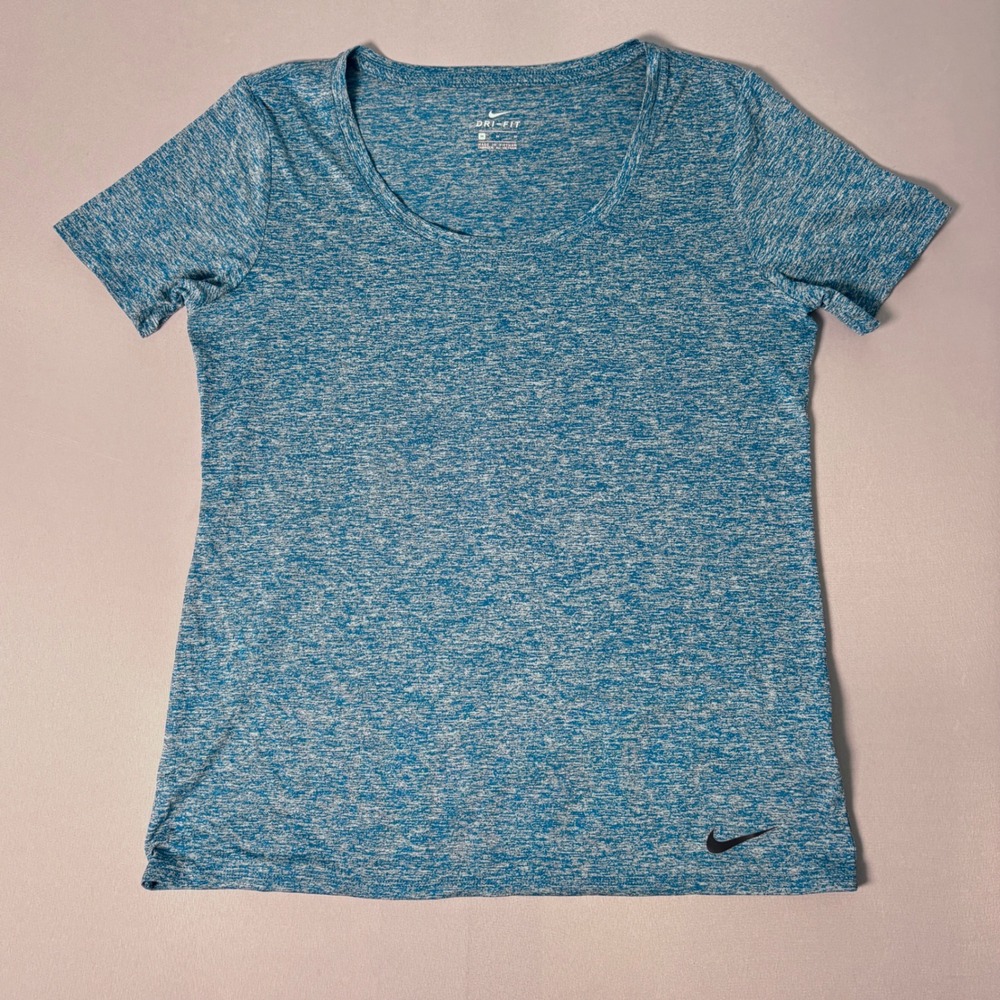 Nike Dri-FIT Womens Blue Space Dye Short Sleeve Training Shirt Size M Scoop Neck